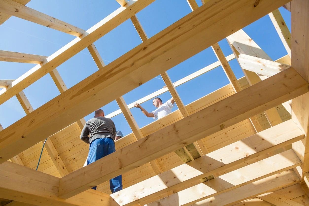 Two men are standing on a roof of a building.