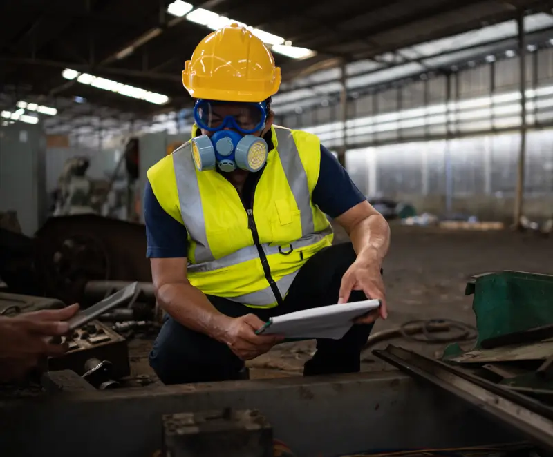 A man in yellow vest and helmet using tablet.