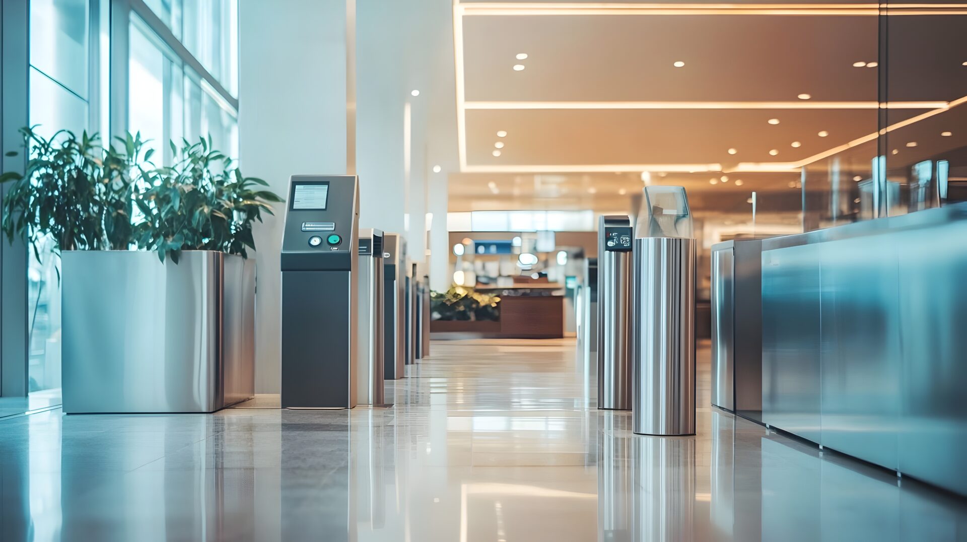 A lobby with many different types of metal columns.