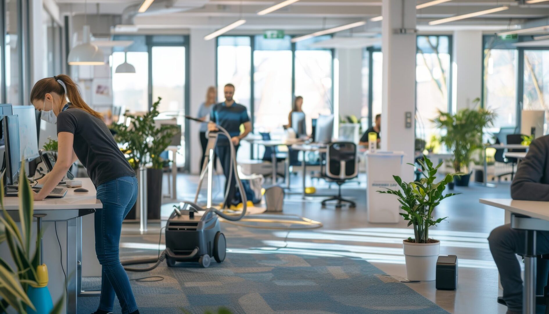 A man is cleaning the floor in an office.