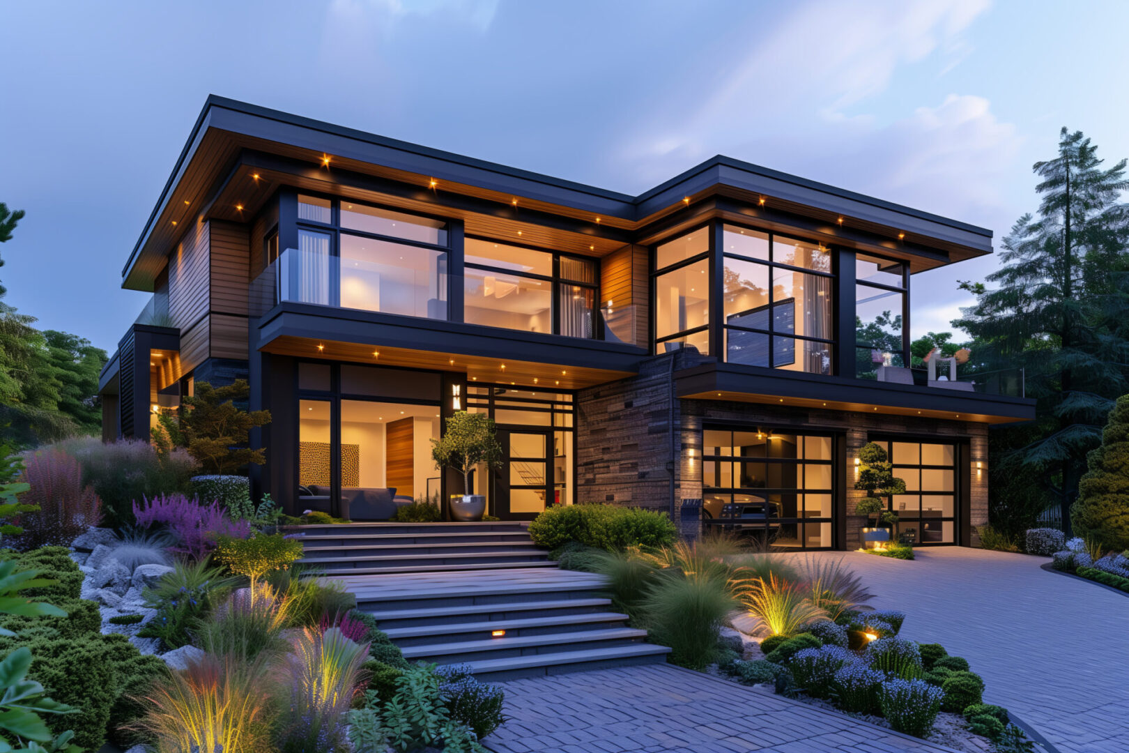 A large modern house with a lot of windows.