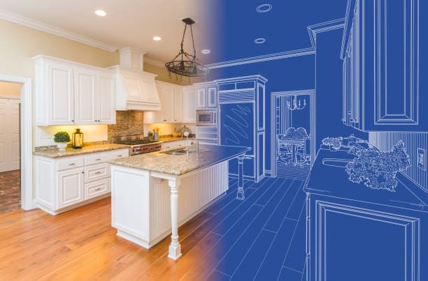 A kitchen with an image of the floor and cabinets.