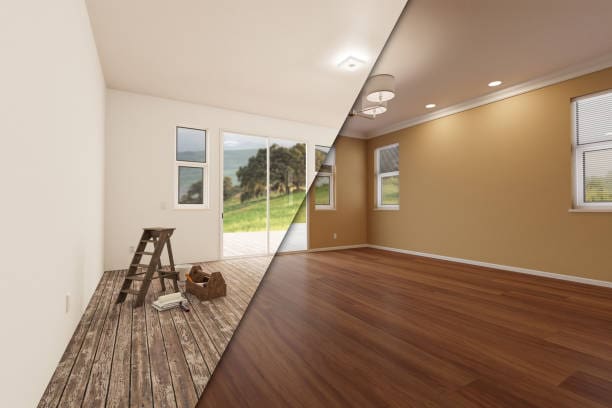 A split photo of a room with wood floors and walls.