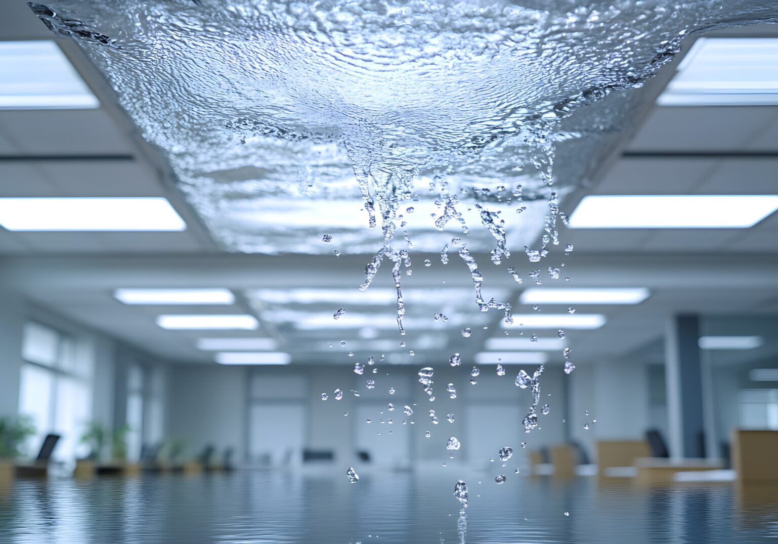 A ceiling with water pouring out of it.