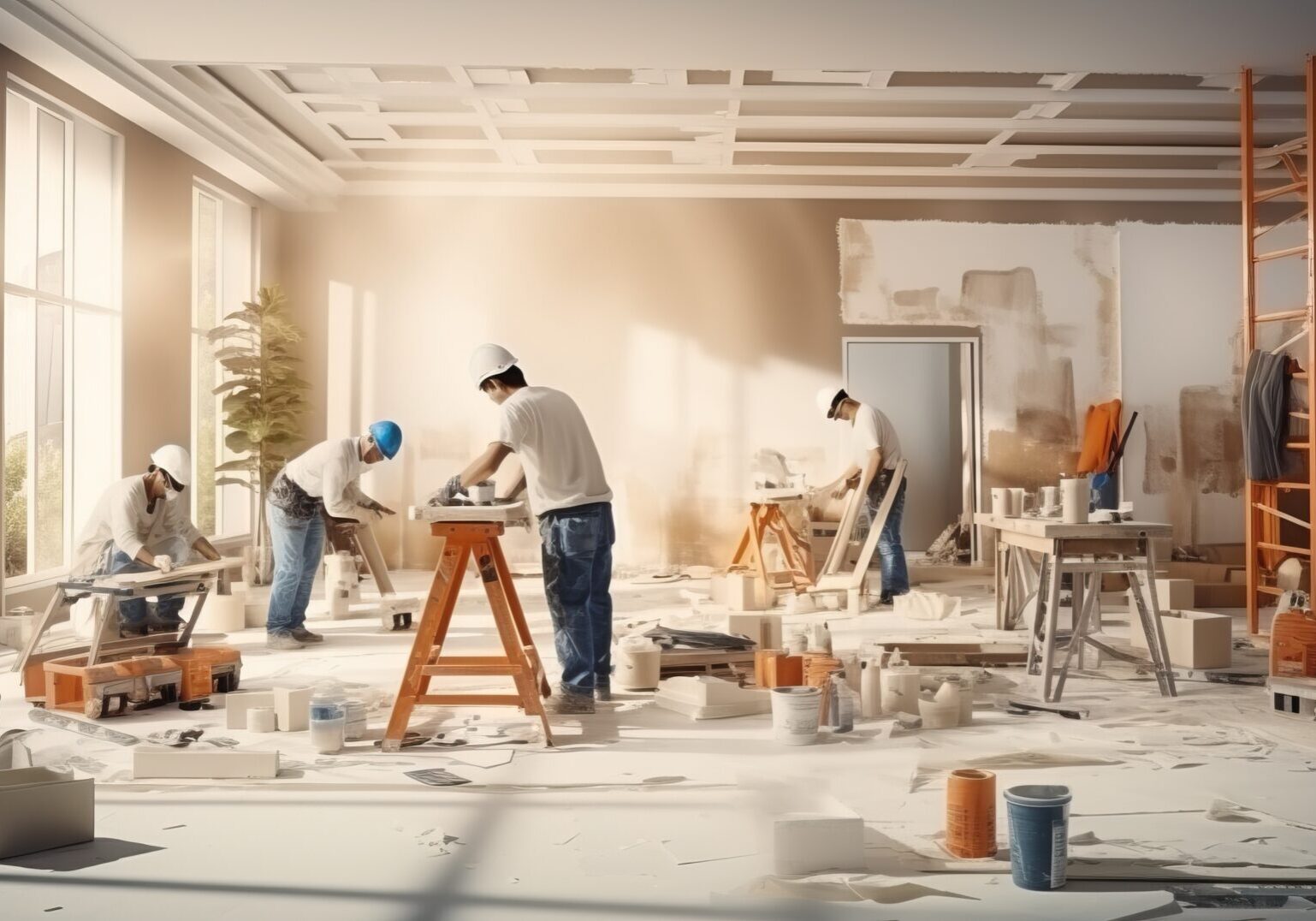 A group of people working in an unfinished room.