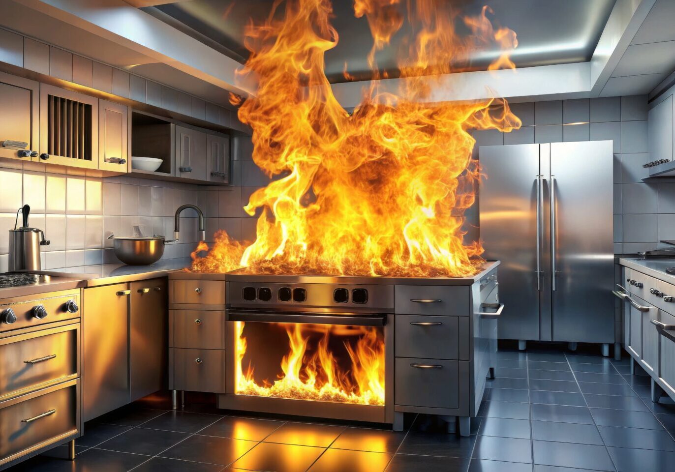 A kitchen with a stove on fire and a large stainless steel oven.