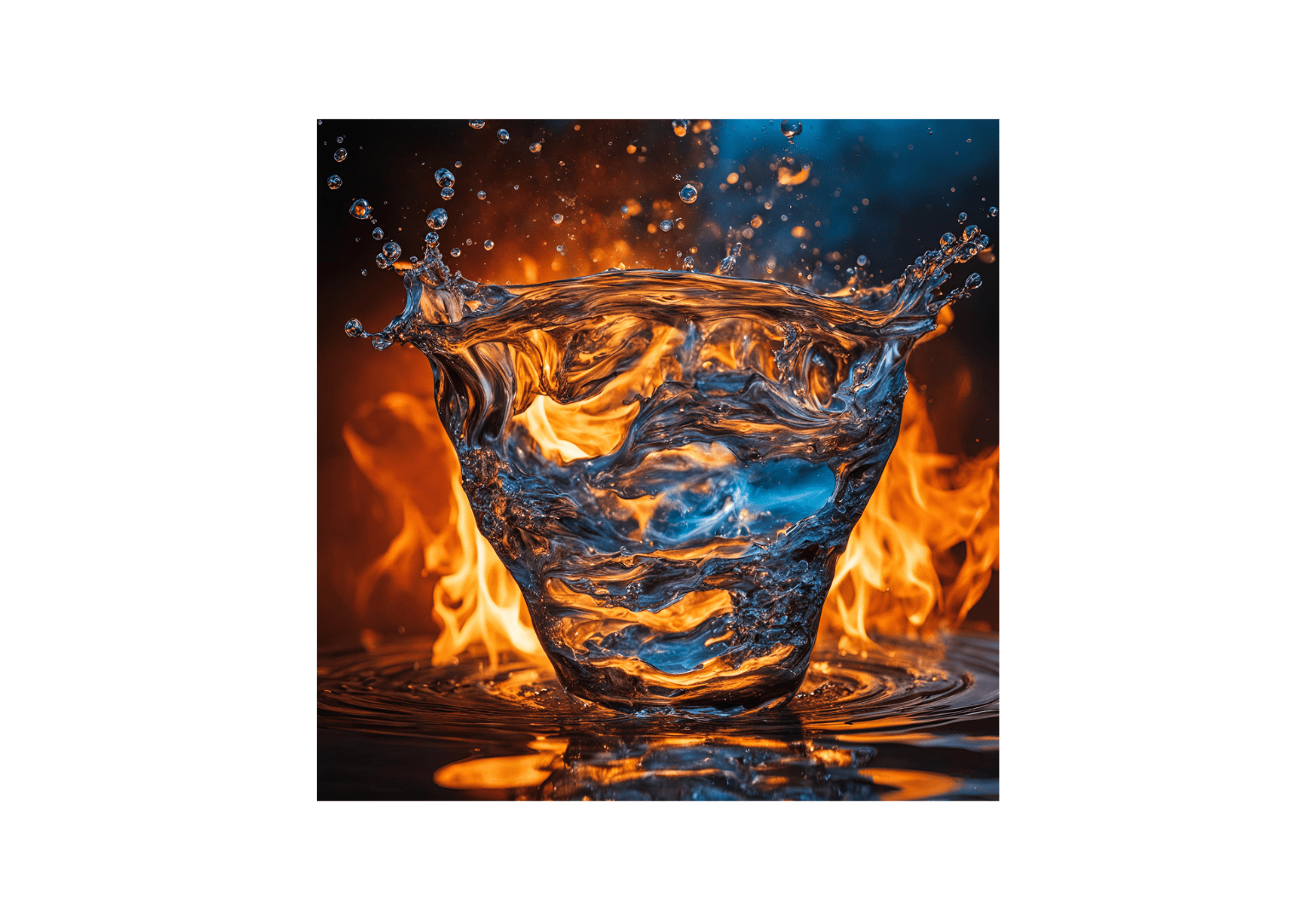 A glass of water with fire in the background.